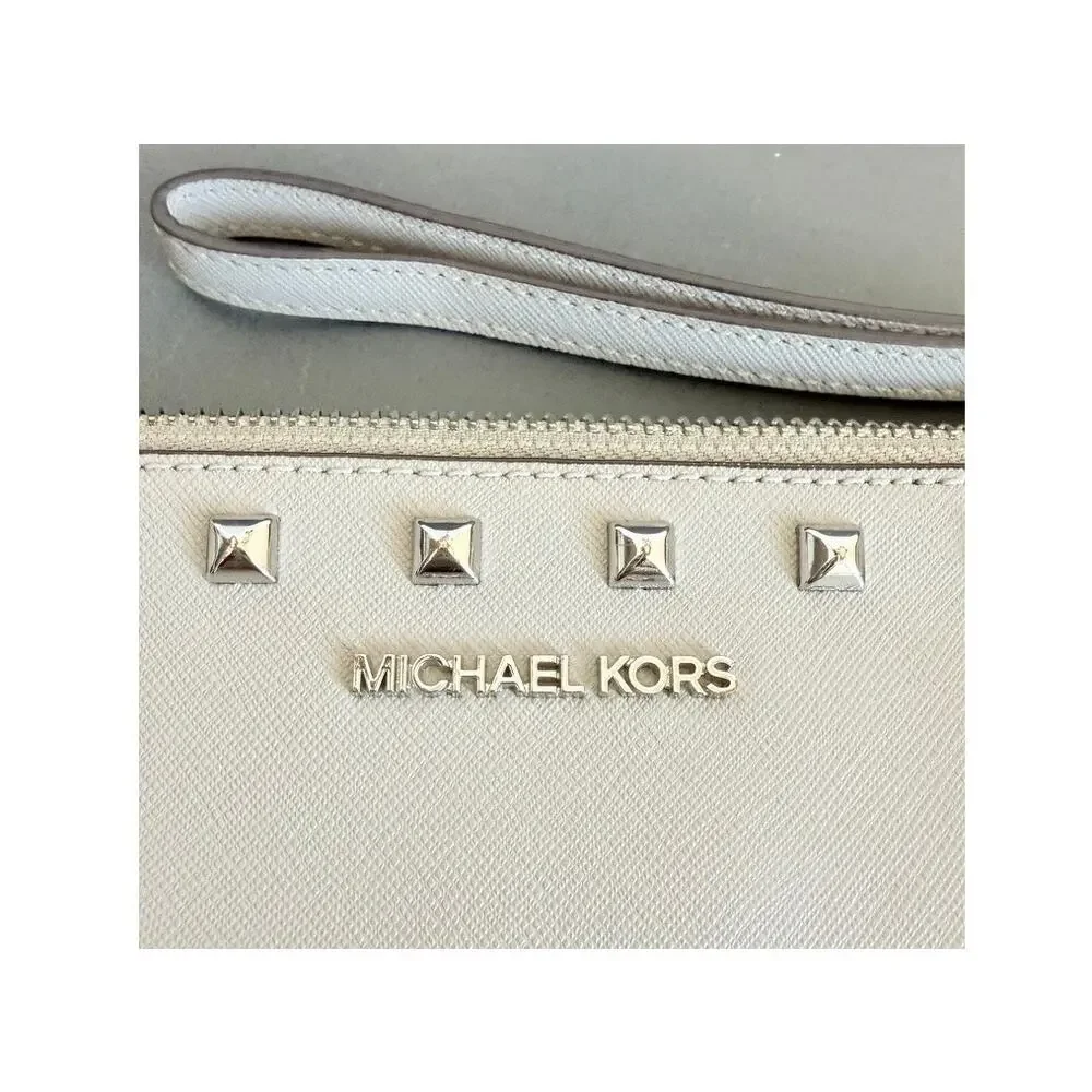 Michael Kors Jet Set Saffiano Leather Studded Clutch Pouch Wristlet Grey
